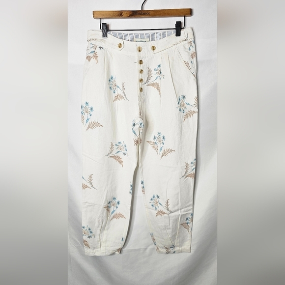 NWT Sundance Benicia Linen/Cotton  Pleated White Blue Floral Pants Size P6 - Picture 2 of 8